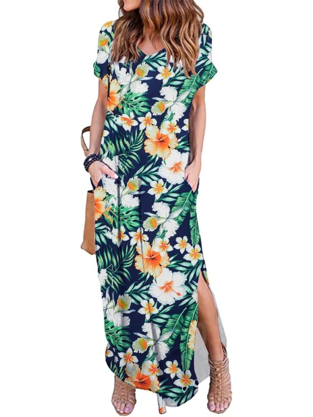 Women Green Leaves Summer Maxi Long Dress Casual Loose Short Sleeve Split Pocket